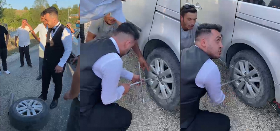 Karabük’ün Eflani ilçesinde bir grup, düğün konvoyunu durdurarak, damattan bahşiş