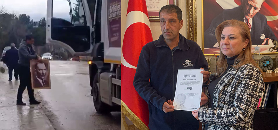 Karabük’ün Safranbolu ilçesinde belediye işçisinin, dışarı atılmış Atatürk portresini belediye