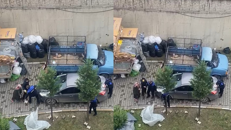 Karabük’te yasak olmasına rağmen site içerisinde karton toplayarak istifleyen anne