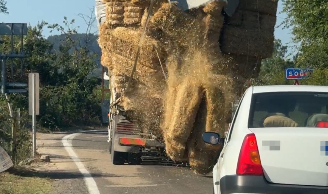 Karabük’ün Yenice ilçesinde, kasasına yüksek miktarda balya yüklenen kamyondan yola