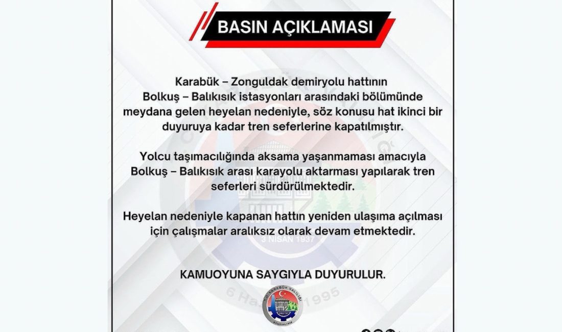 Karabük-Zonguldak demir yolu hattı heyelan nedeniyle ulaşıma kapandı Karabük’te demir yolu hattının bir bölümünde heyelan meydana geldi. Valilikten