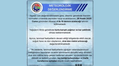 Karabük Valiliği il genelinde beklenen kar ve zirai don nedeniyle