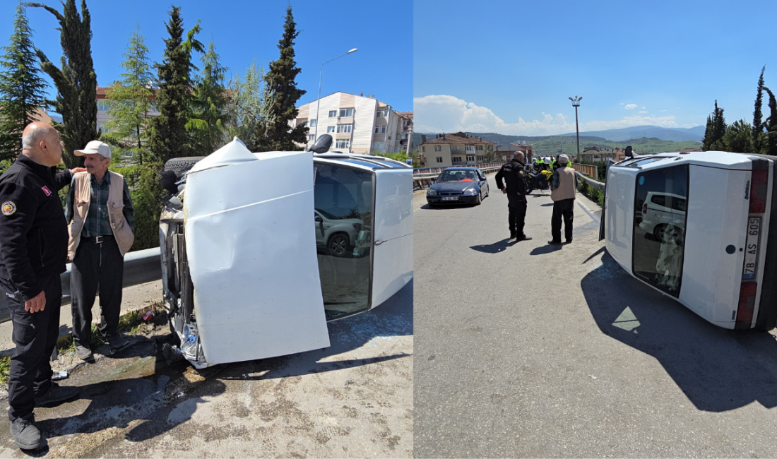 Karabük‘te köprü üzerinde kontrolden çıkan otomobilin bariyerlere çarparak yan devrilmesi