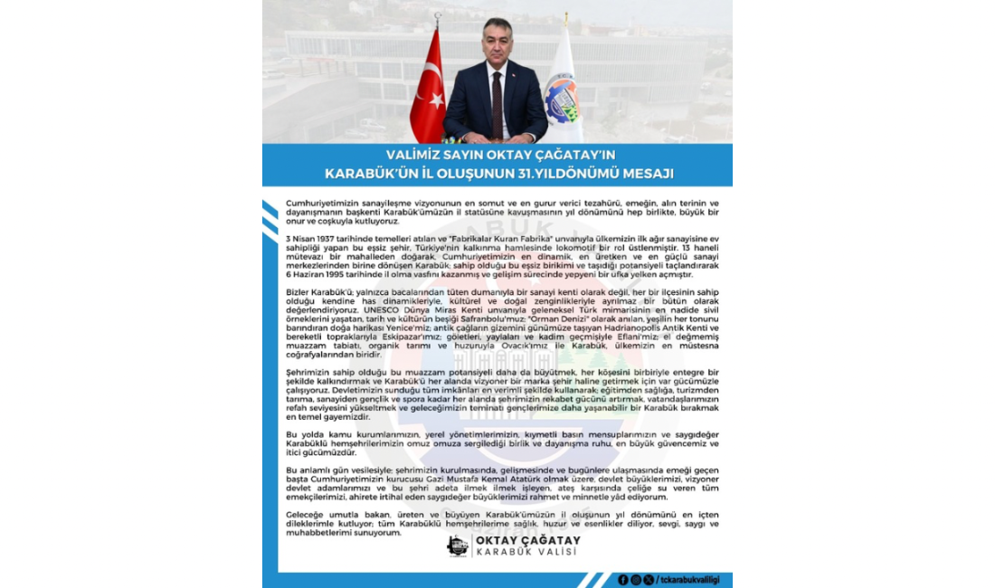 Karabük Valisi Oktay Çağatay, Karabük’ün il oluşunun 31. yıl dönümü